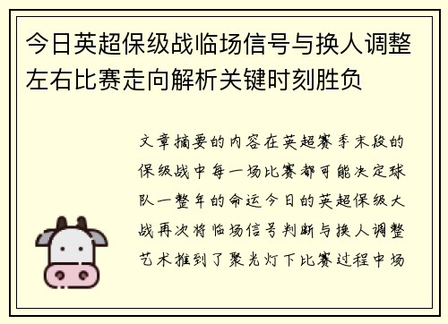 今日英超保级战临场信号与换人调整左右比赛走向解析关键时刻胜负 今日英超保级战临场信号与换人调整左右比赛走向解析关键时刻胜负